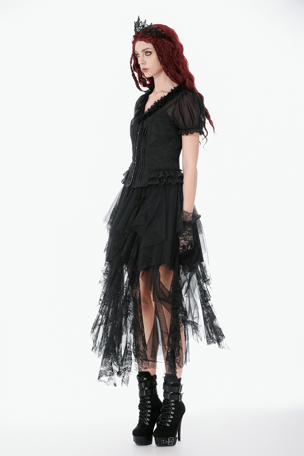 Sheer Gothic Blouse with Ruffled Hem and Lace Detailing side view, featuring puff sleeves and a dramatic black design.