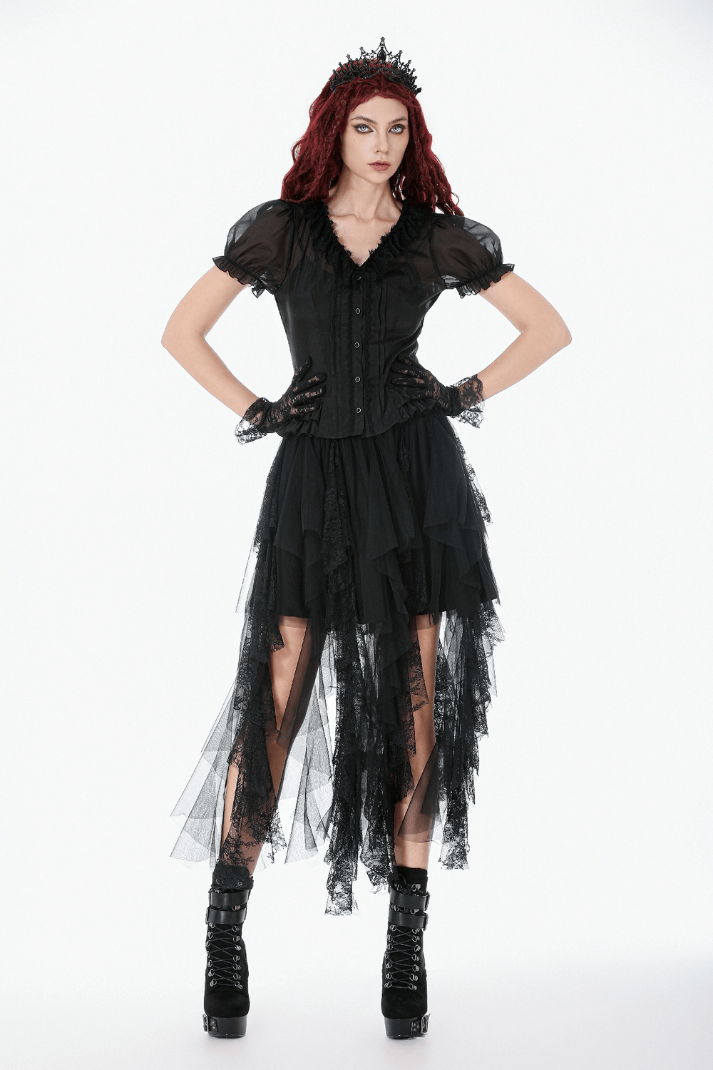 Sheer Gothic Blouse with Ruffled Hem and Lace Detailing worn by a model with dramatic makeup and accessories.