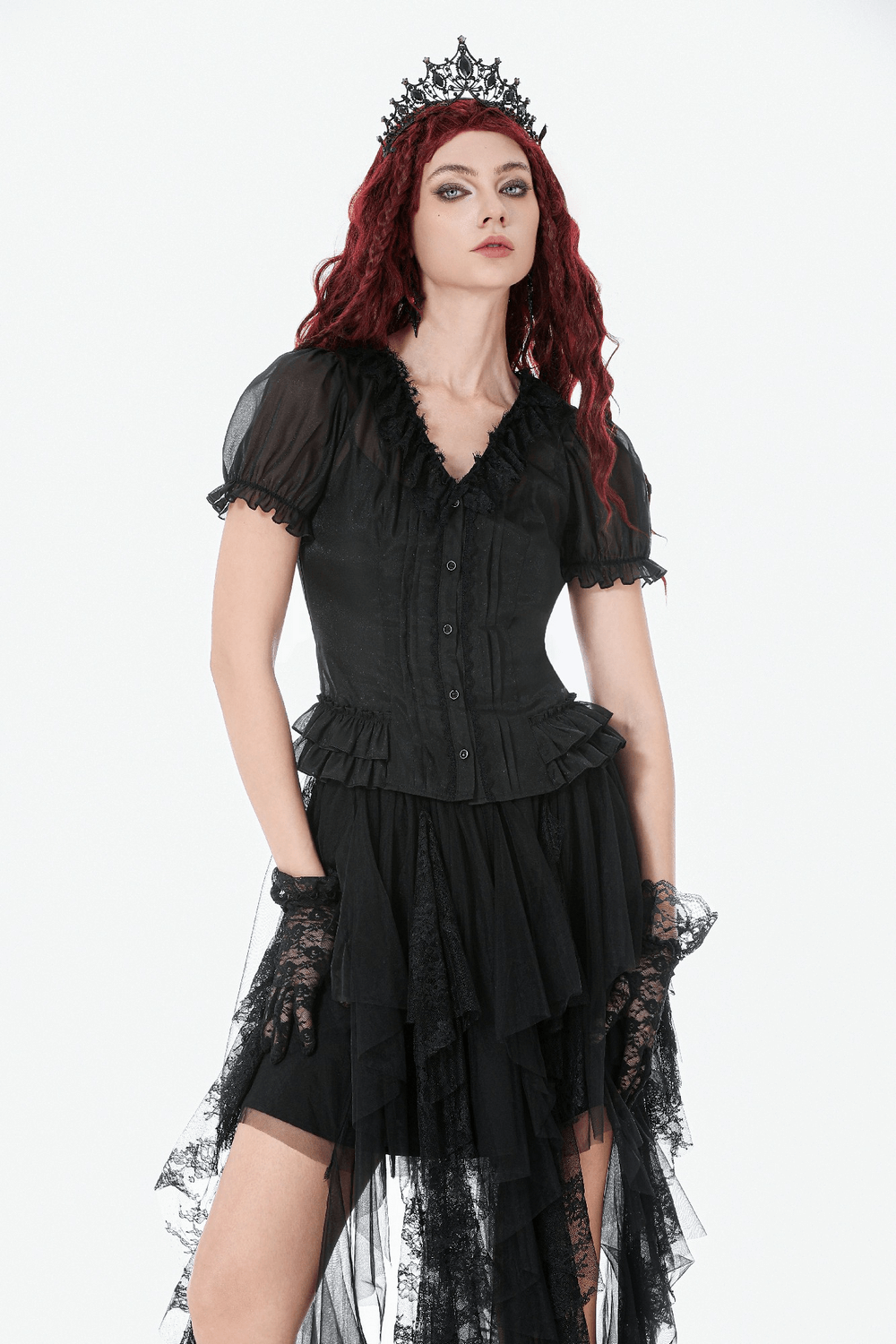 Sheer Gothic Blouse with Ruffled Hem and Lace Detailing, featuring puff sleeves and ruffled hem for an elegant look.