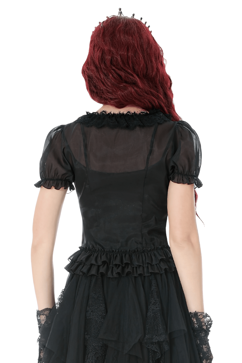 Sheer Gothic Blouse with Ruffled Hem and Lace Detailing back view with puff sleeves and lace trim