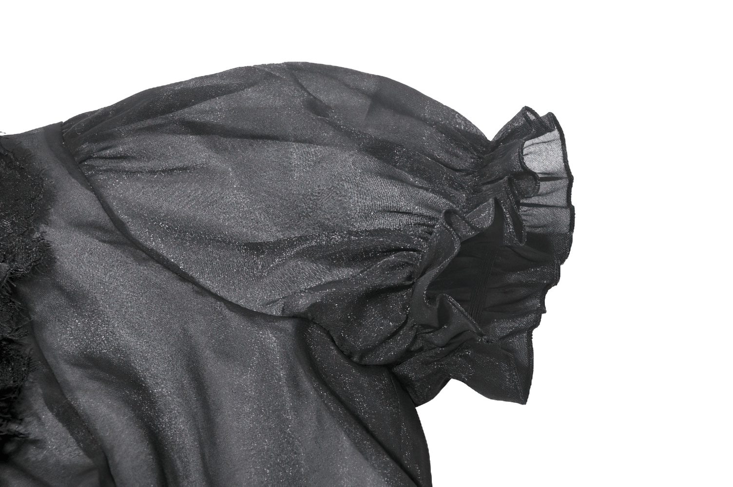 Sheer Gothic Blouse with Ruffled Hem and Lace Detailing puff sleeve detail showcasing lace trim.