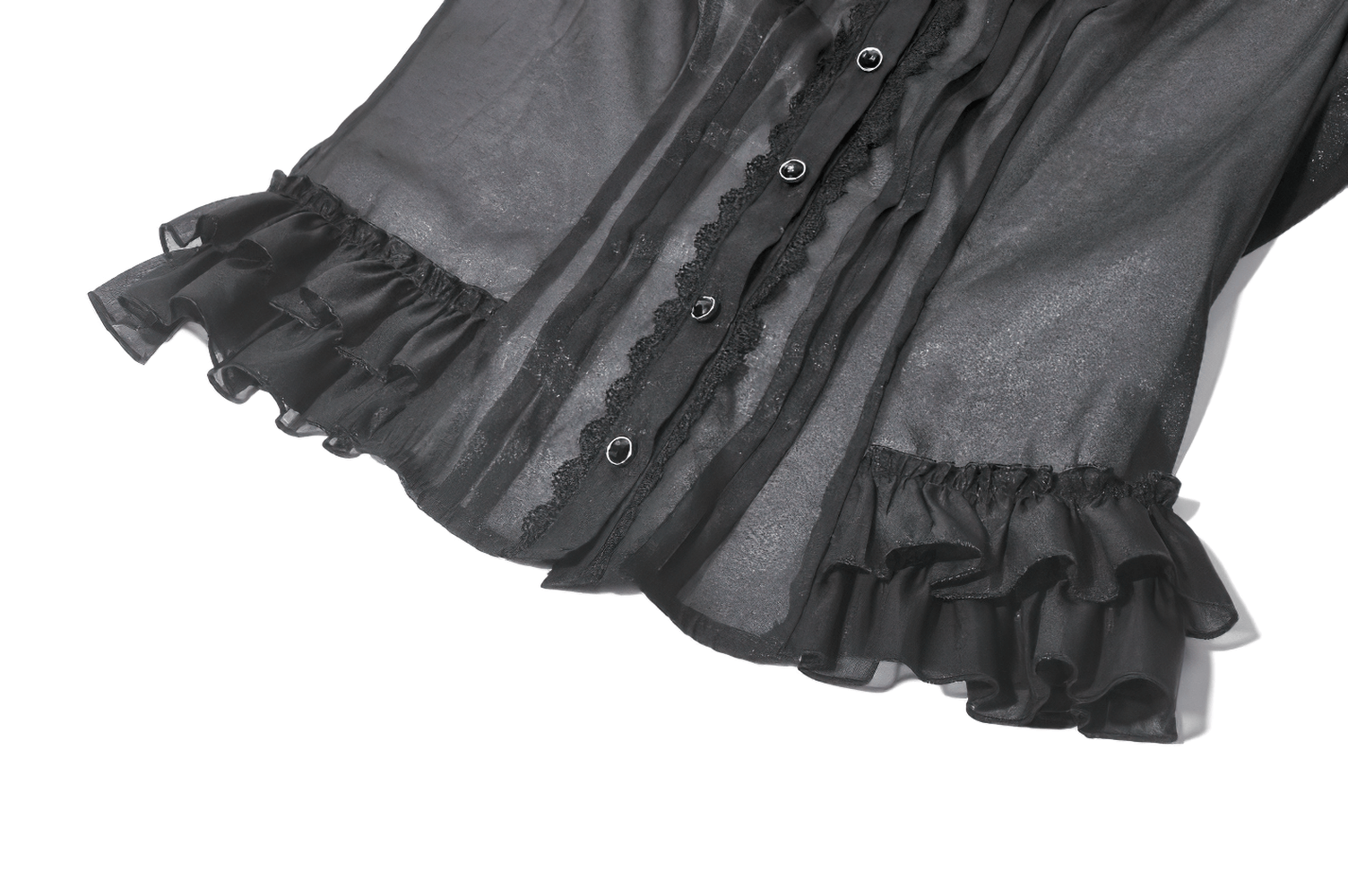 Sheer Gothic Blouse with Ruffled Hem and Lace Detailing featuring puff sleeves and ruffle hem in black sheer fabric.