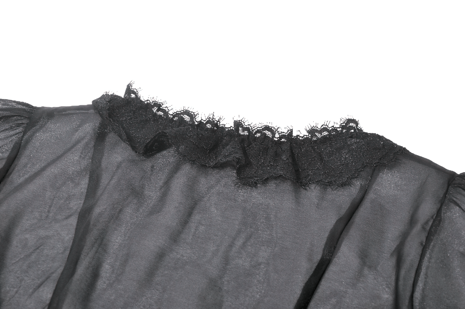 Sheer Gothic Blouse with Ruffled Hem and Lace Detailing collar showcasing delicate lace trim.