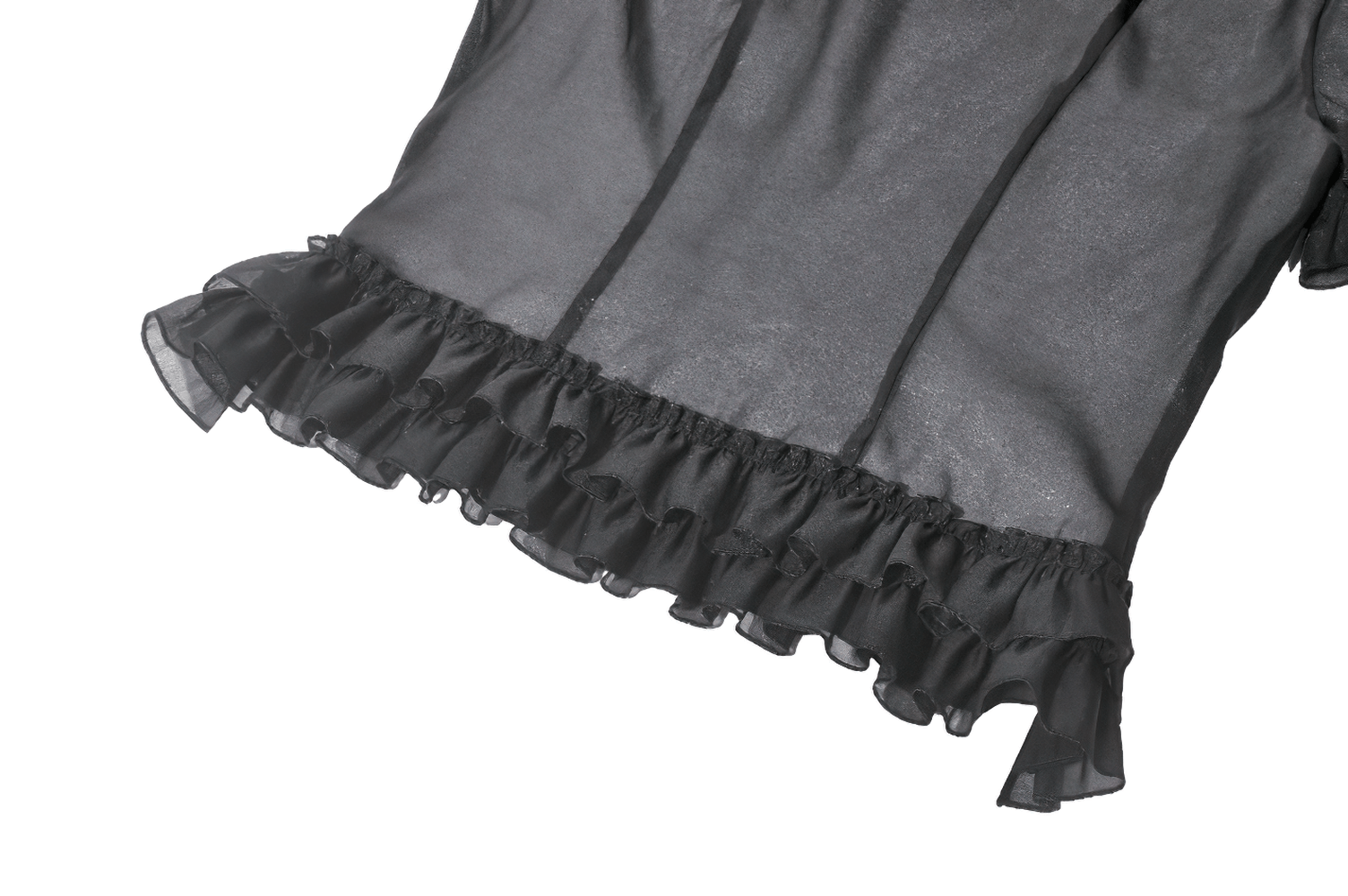 Sheer Gothic Blouse with Ruffled Hem and Lace Detailing showcasing ruffled hem and sheer fabric.