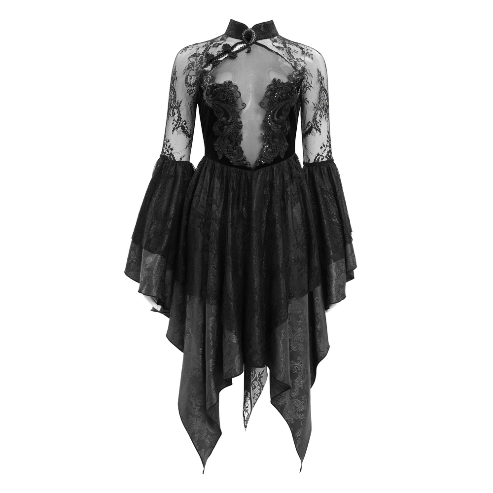 Elegant sheer lace dress with appliques, flared sleeves, and high-low hem for gothic events and cosplay.