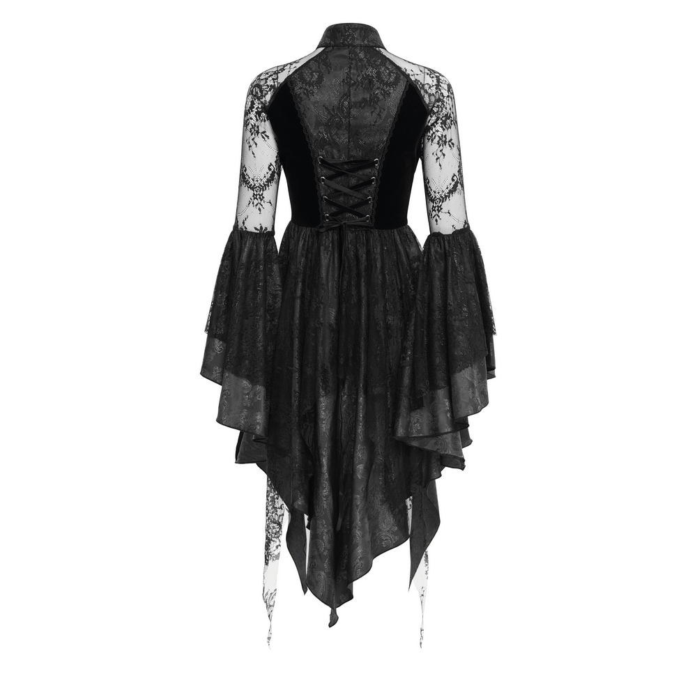 Back view of a sheer lace high-low dress with appliques and flared sleeves, perfect for gothic occasions.