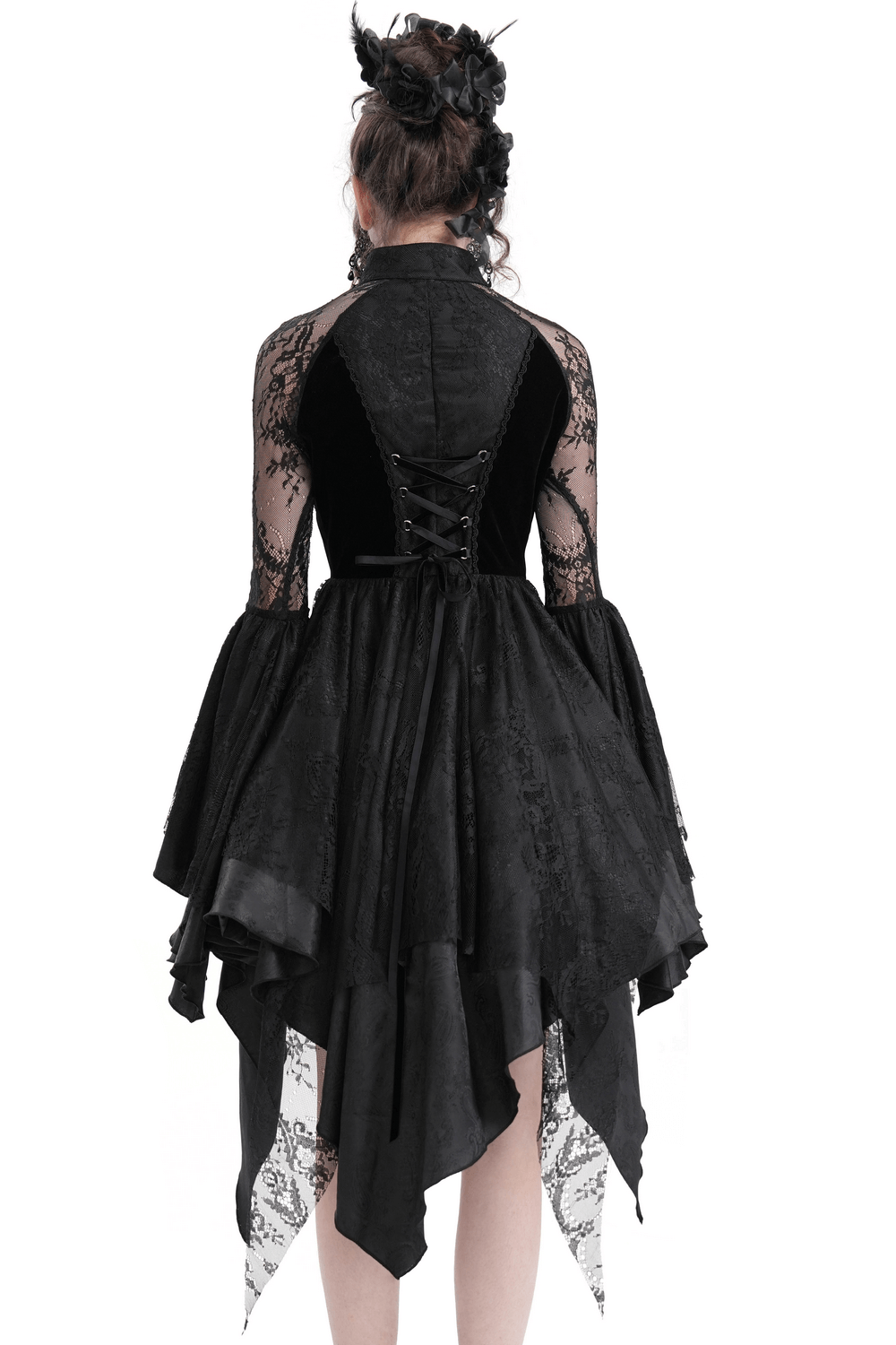 Back view of a sheer lace gothic dress with flared sleeves and high-low hem, perfect for elegant events and cosplay.