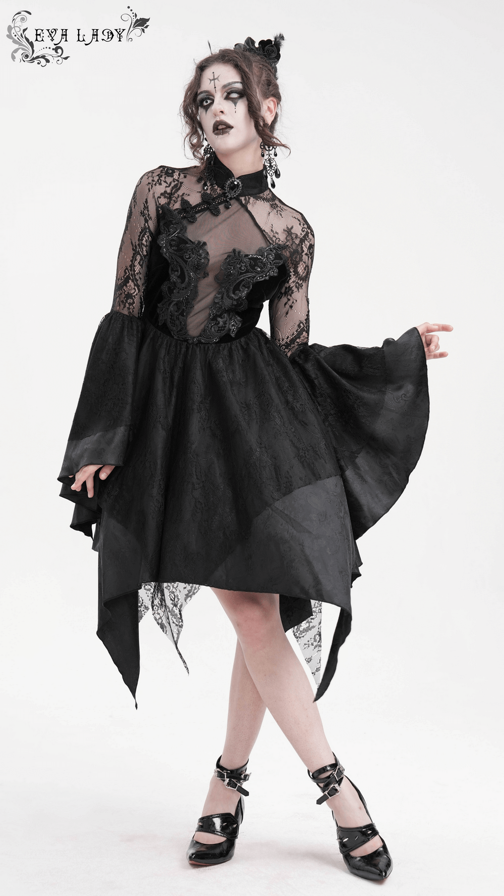 Elegant black sheer lace dress with appliques, dramatic flared sleeves, and high-low hem, perfect for gothic events.