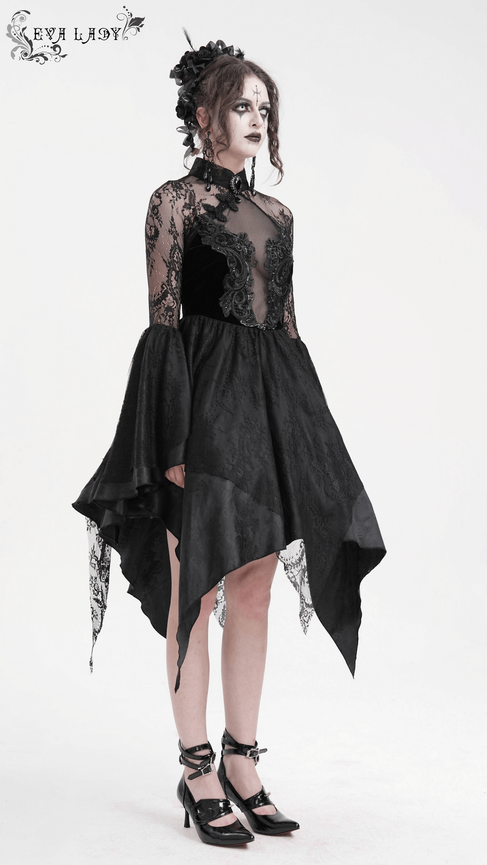 Elegant black sheer lace dress with flared sleeves and high-low hem, perfect for gothic events and dramatic style.