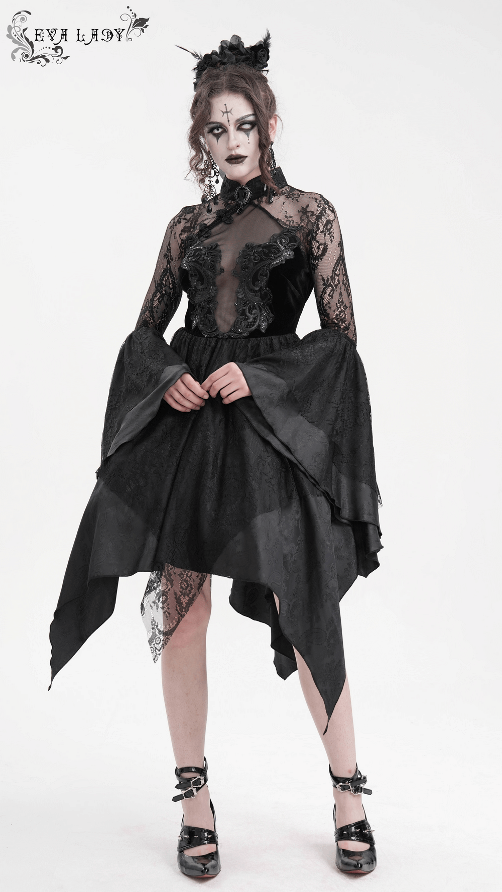 Elegant black sheer lace dress with appliques, dramatic flared sleeves, and high-low hem for gothic style allure.