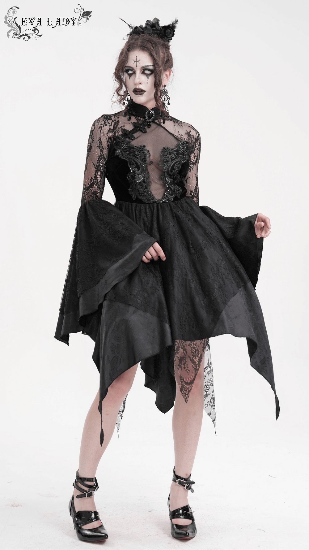 Elegant sheer lace dress with appliques, high-low hem, and dramatic flared sleeves, perfect for gothic fashion.