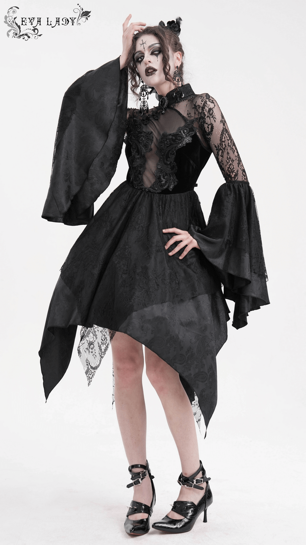 Elegant black sheer lace dress with flared sleeves and high-low hem, perfect for gothic events and cosplay.