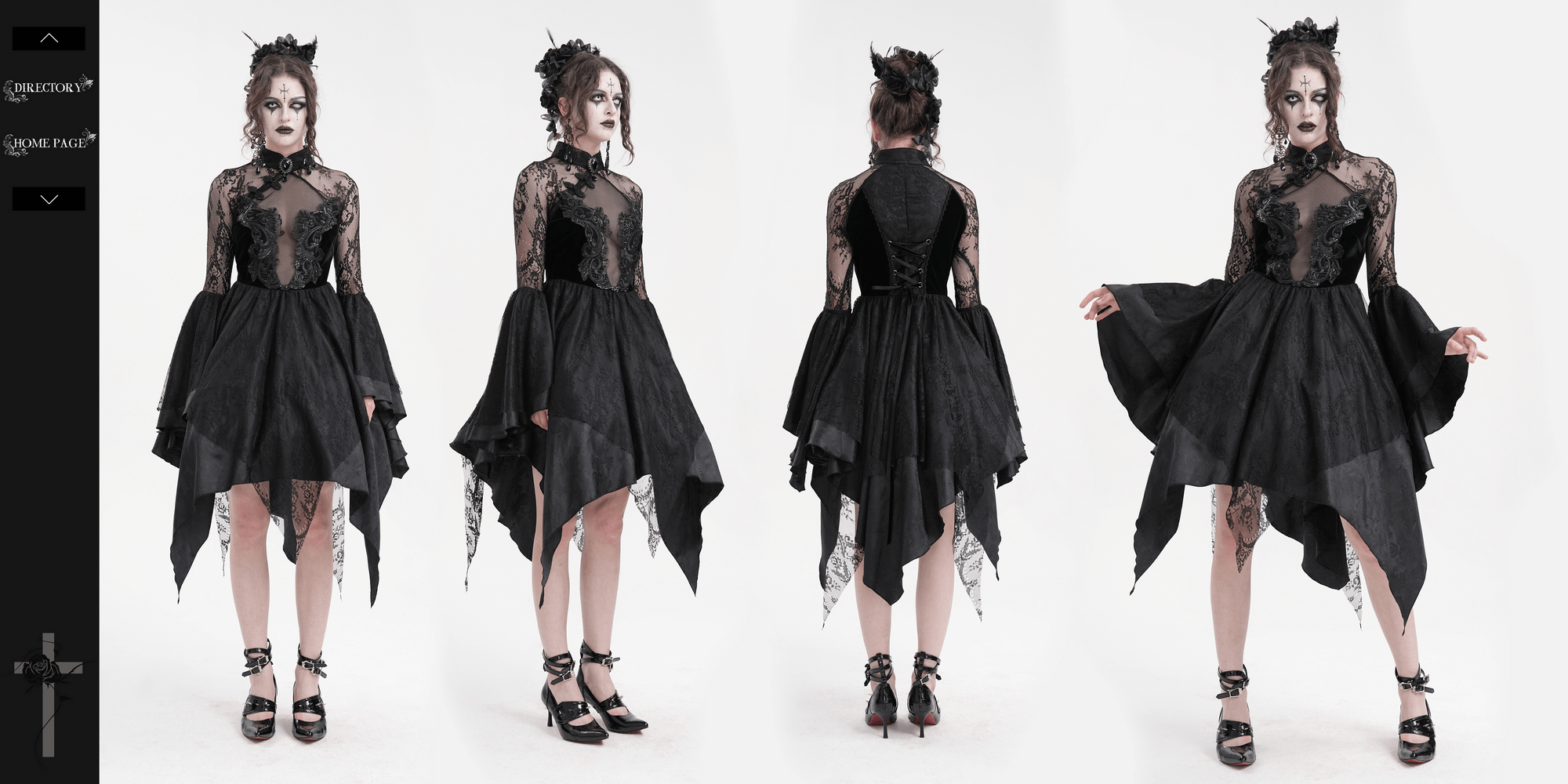 Elegant black sheer lace dress with flared sleeves and high-low hem, perfect for gothic events and cosplay.