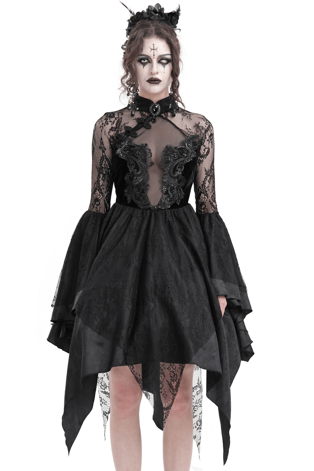 Sheer lace black dress with appliques, flared sleeves, and high-low hem for a dramatic gothic style.