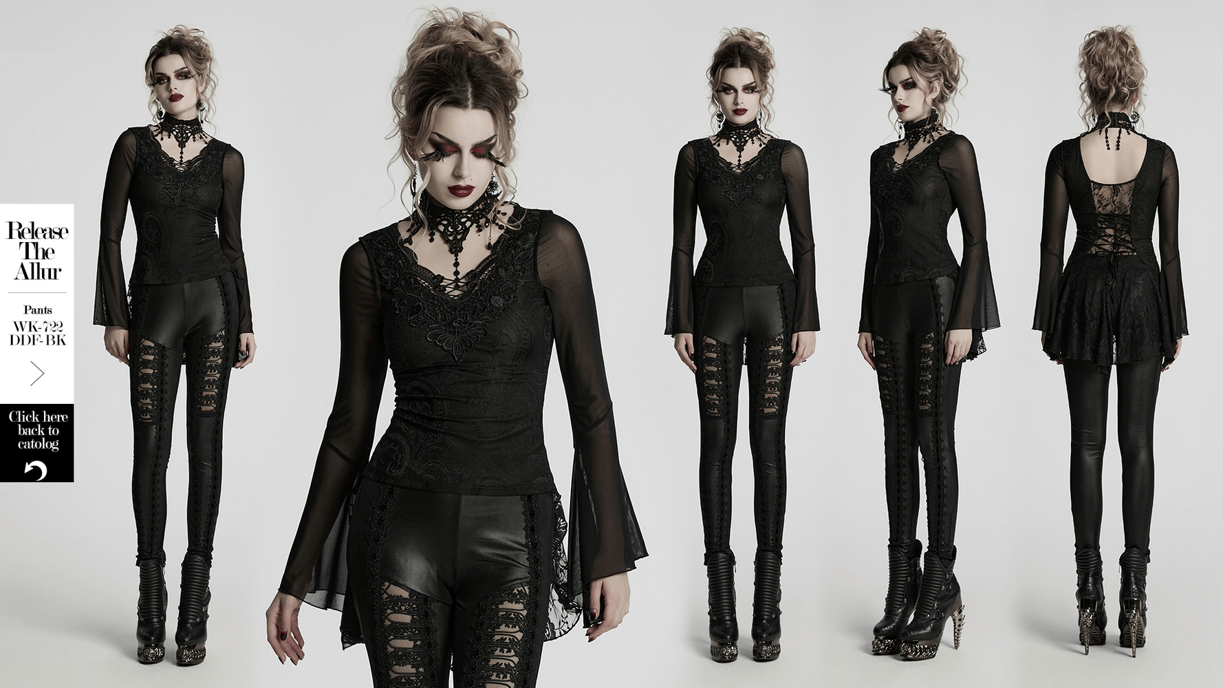 Sheer lace gothic top with bell sleeves and choker, showcasing Victorian elegance and edgy style.