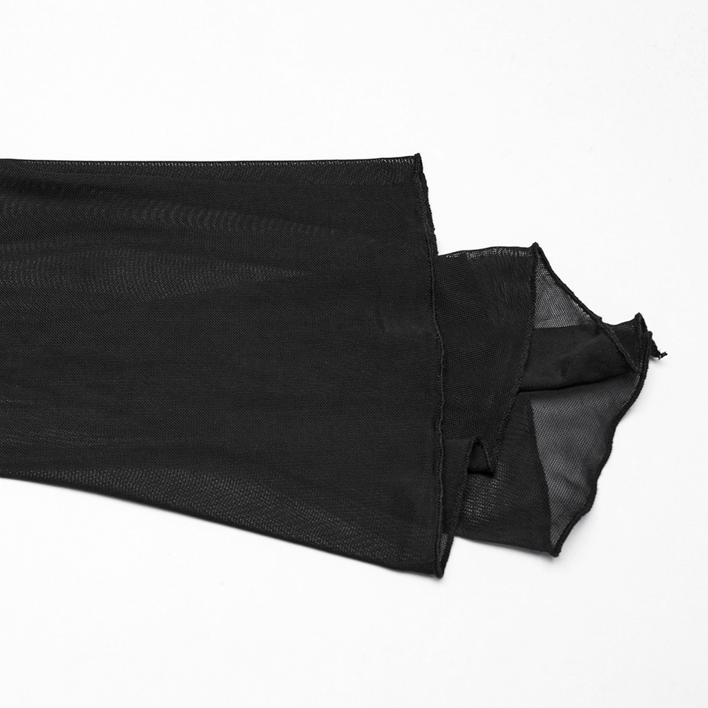 Close-up of sheer black lace fabric showcasing soft texture and delicate design for gothic style apparel.