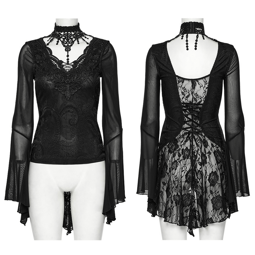 Sheer lace gothic top featuring bell sleeves and choker, showcasing Victorian elegance with mesh detailing.