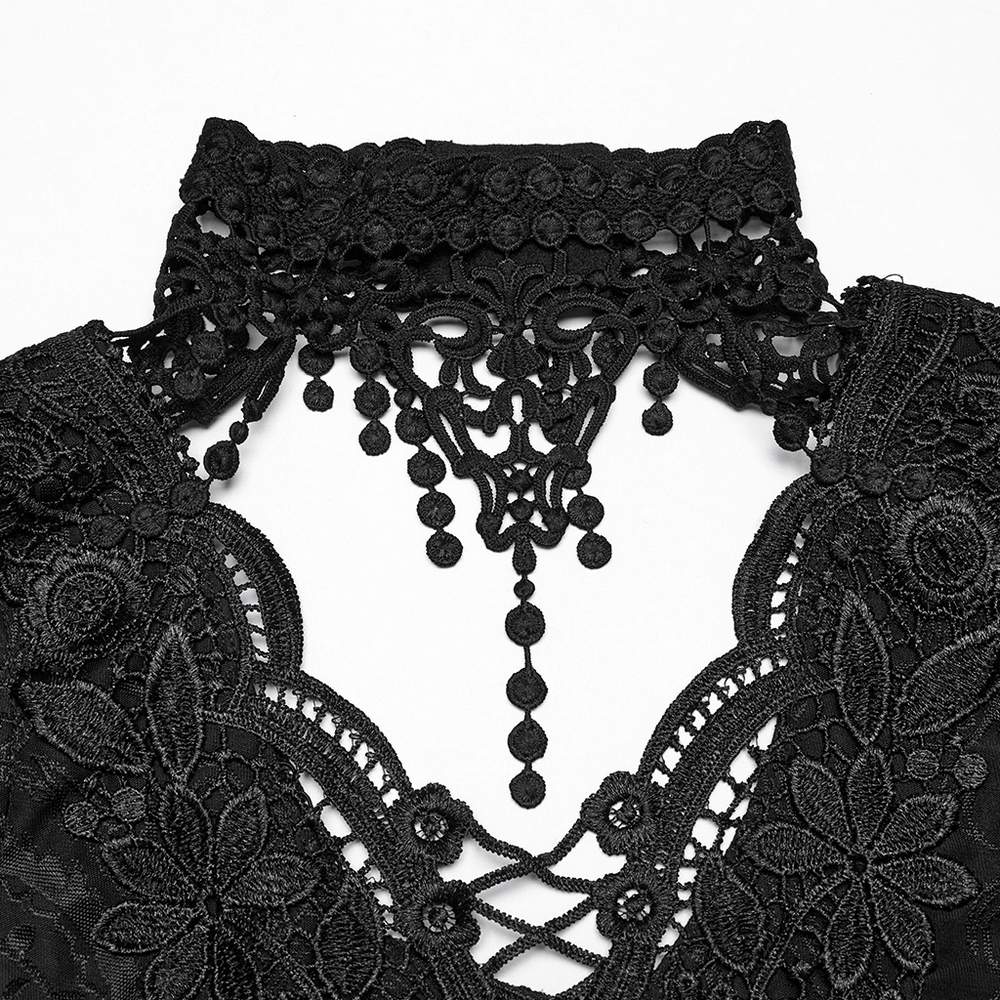 Close-up of sheer lace collar with intricate floral patterns and beaded choker detail, perfect for gothic fashion.