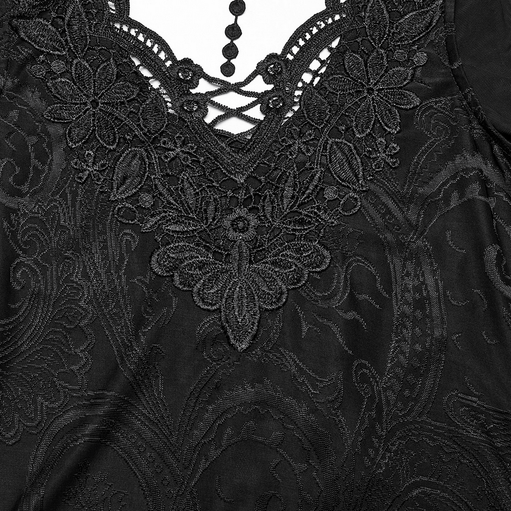 Close-up of a sheer lace gothic top's intricate floral embroidery and choker detail, perfect for romantic alt fashion.