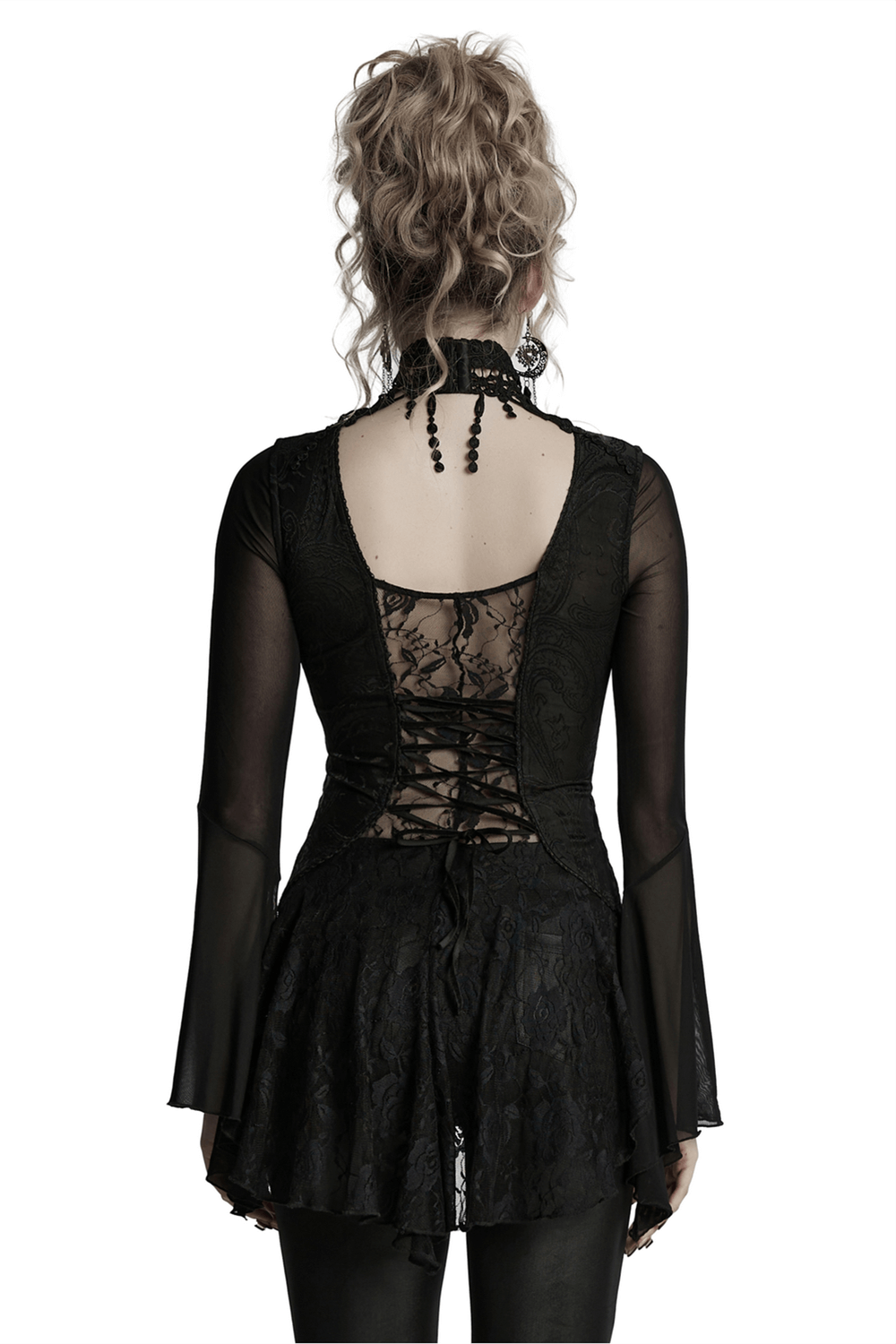 Back view of a sheer lace gothic top with bell sleeves and a high collar choker.