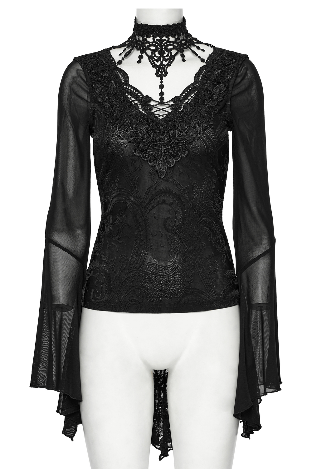 Sheer lace gothic top with bell sleeves and choker, featuring intricate patterns and an irregular hem.