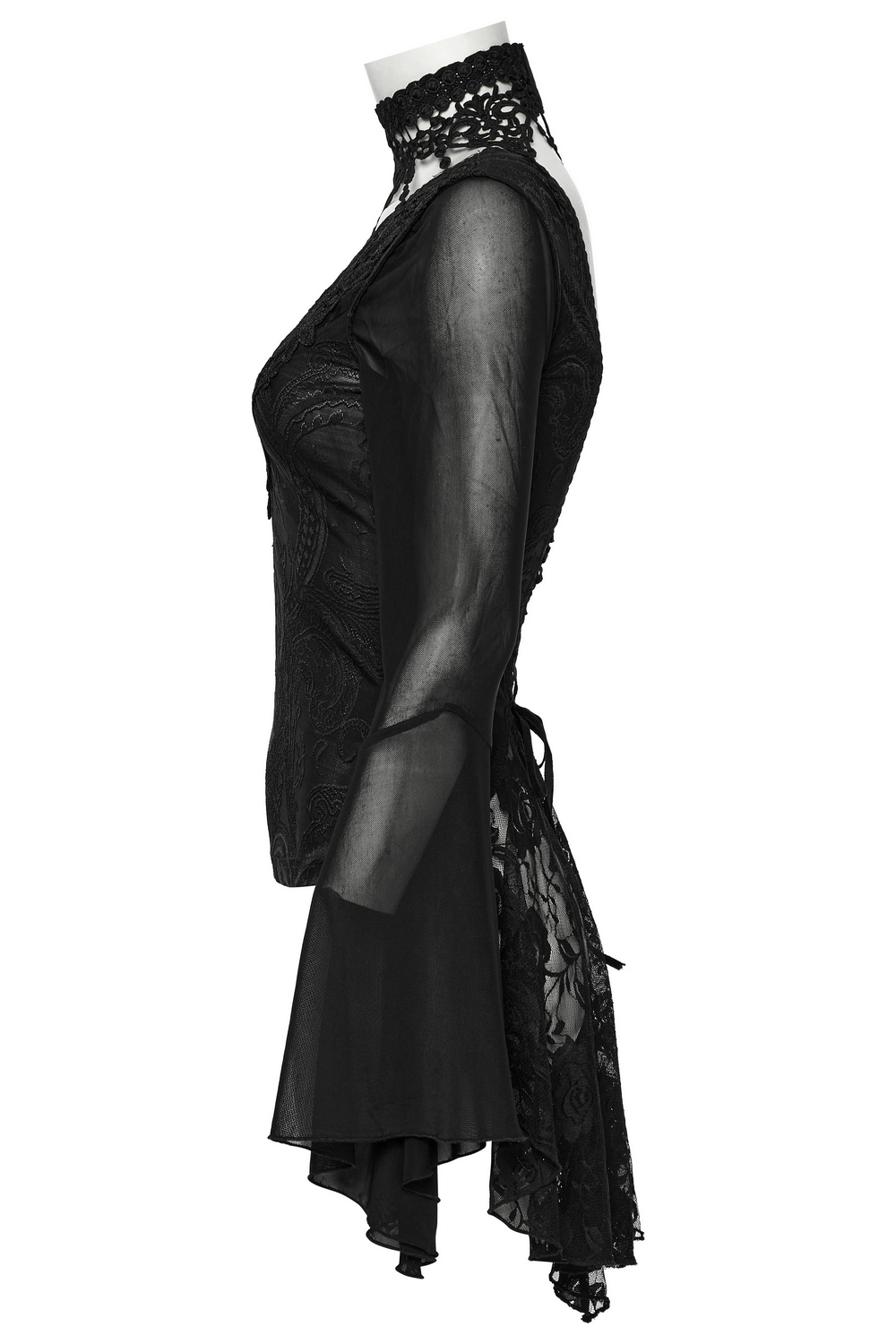 Sheer lace gothic top with bell sleeves, choker, and irregular hem detail for a Victorian-inspired look.