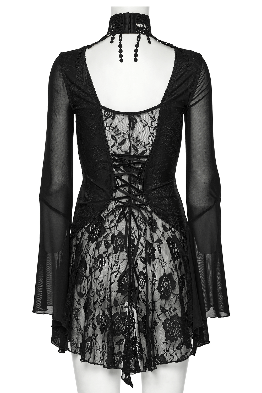 Back view of a sheer lace gothic top showcasing bell sleeves and choker detail with a floral lace design.