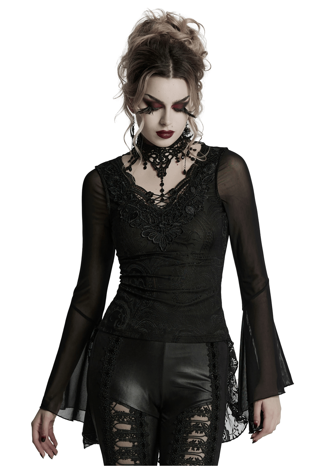 Sheer lace gothic top featuring bell sleeves and choker, perfect for witchcore and romantic alt outfits.