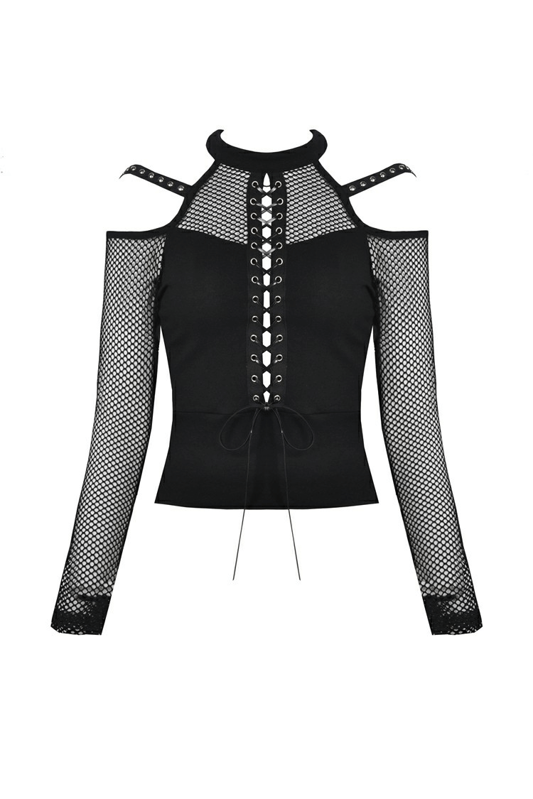 Sheer Mesh Long Sleeved Top With Lace-Up Front