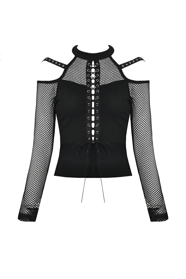 Black sheer mesh long sleeve top with lace-up front, edgy fishnet, and statement details, perfect for a night out.