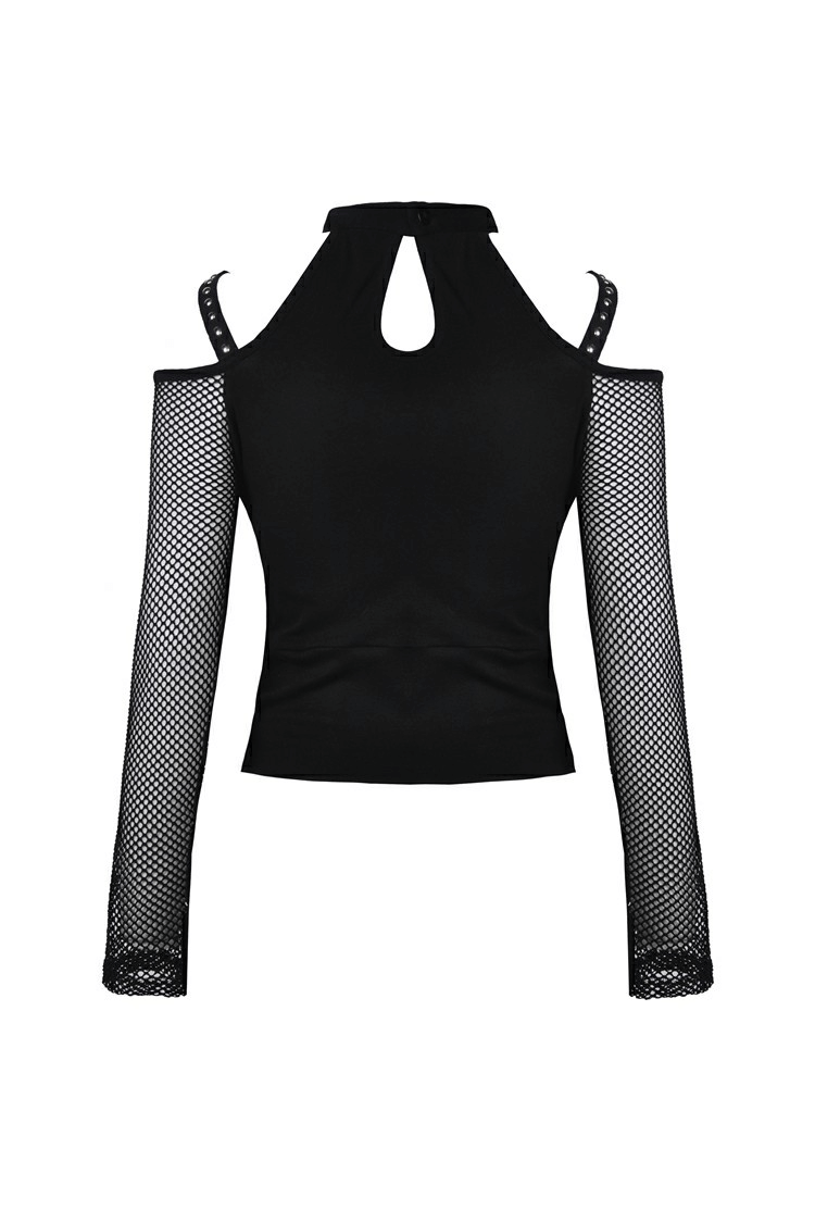 Black sheer mesh long sleeve top with lace-up front, perfect for edgy looks and nights out.