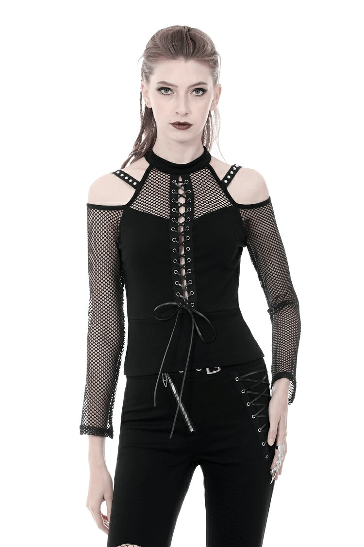 Black long sleeve fishnet top with lace-up front, edgy mesh design for a bold style statement.