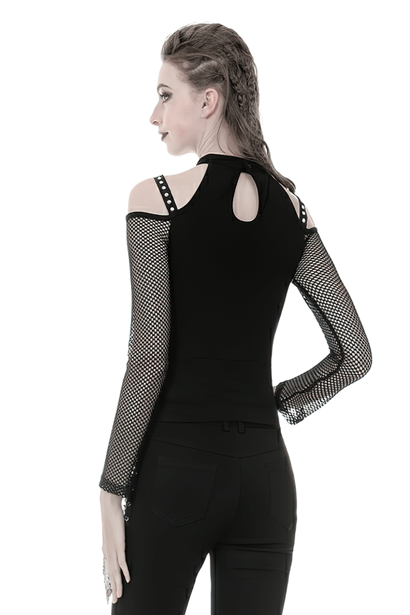Model showcasing a sheer mesh long-sleeved top with a lace-up front and unique cold shoulder design.