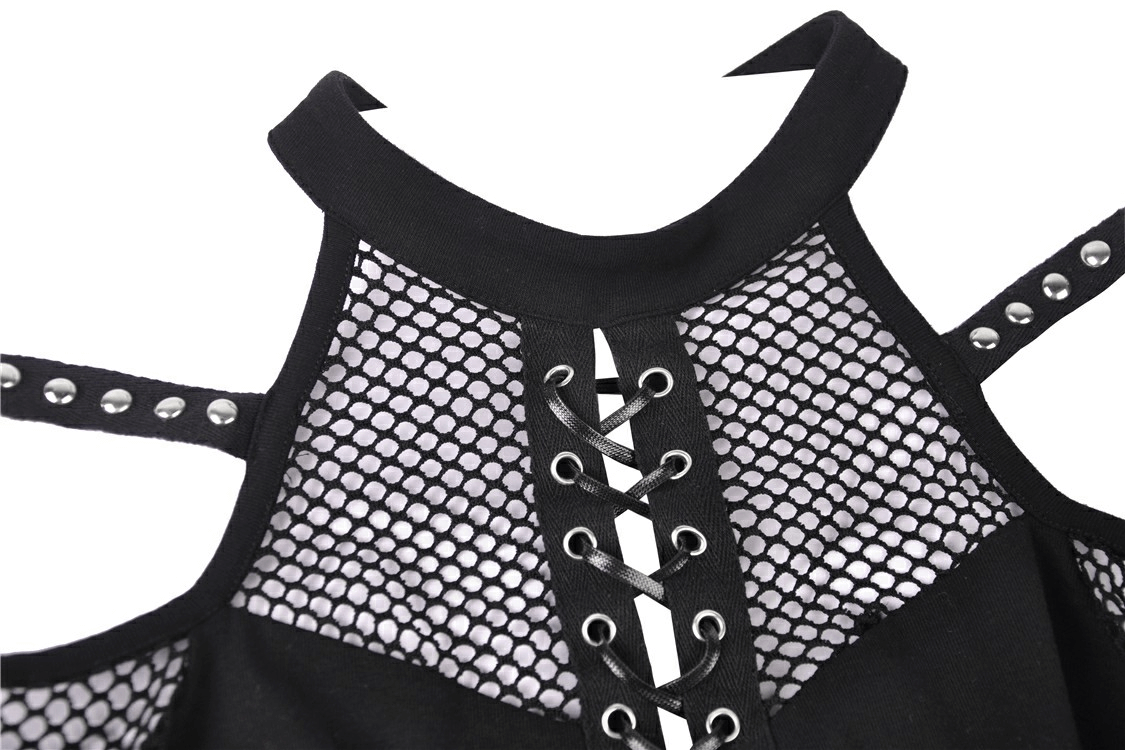 Close-up of sheer mesh long sleeve top with lace-up front and studded details, perfect for an edgy look.