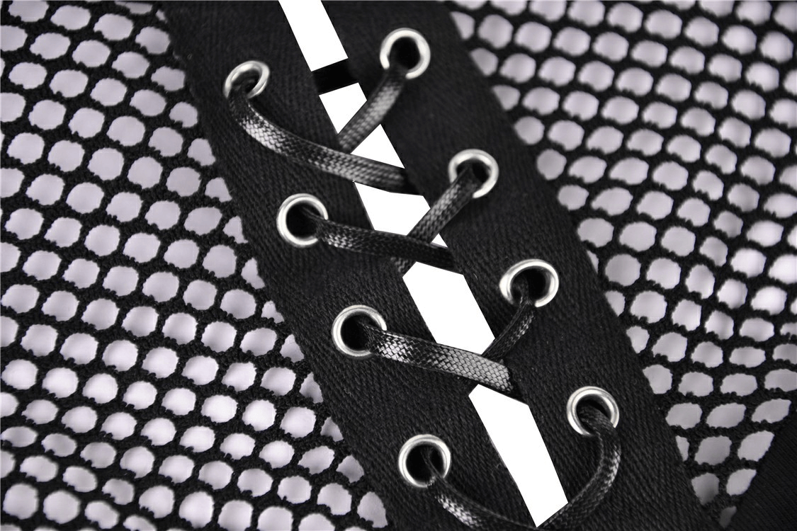 Close-up of the lace-up front detail on a sheer mesh long-sleeved top, featuring edgy fishnet design and adjustable laces.