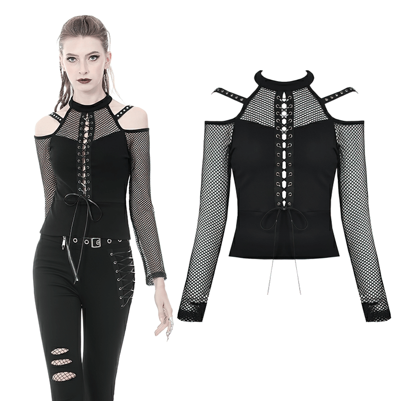 Sheer Mesh Long Sleeved Top With Lace-Up Front