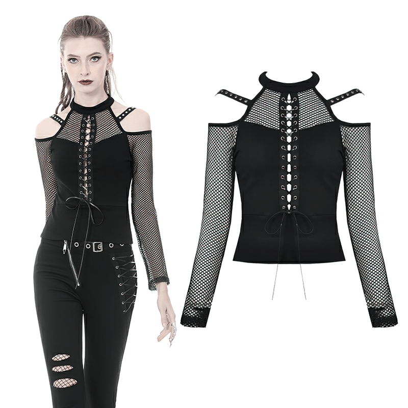 Edgy black sheer mesh long-sleeved top with lace-up front and cold shoulder design, perfect for a bold look.