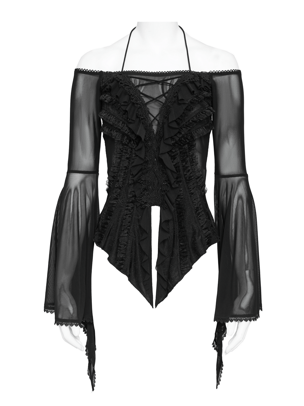 Sheer Off-Shoulder Ruffled Mesh Top with Bell Sleeves showcasing ruffled design and lace-up detailing in black mesh.