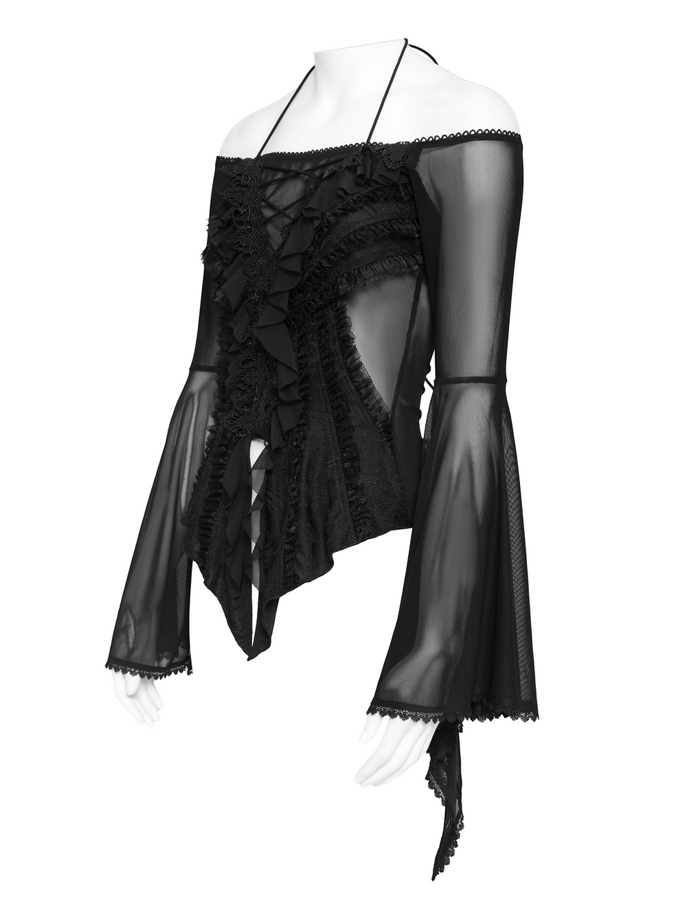 Sheer Off-Shoulder Ruffled Mesh Top with Bell Sleeves displayed on a mannequin, featuring ruffled design and lace-up back.
