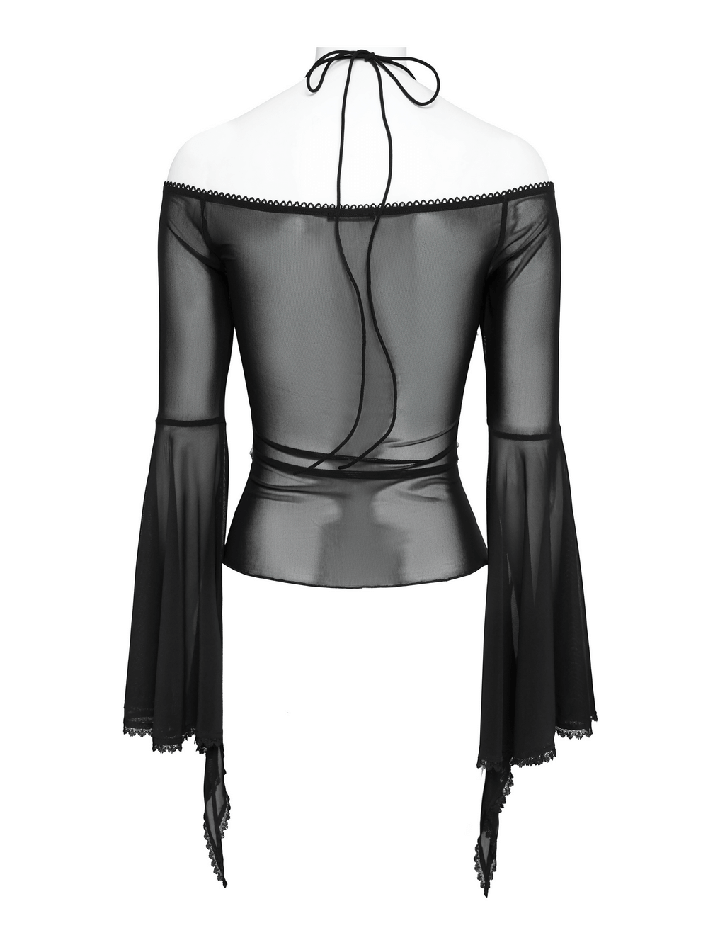 Sheer Off-Shoulder Ruffled Mesh Top with Bell Sleeves displayed from the back, showcasing lace-up detailing and dramatic sleeves.