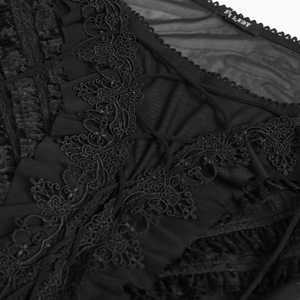 Sheer Off-Shoulder Ruffled Mesh Top with Bell Sleeves featuring black lace-up detailing and ruffled design.