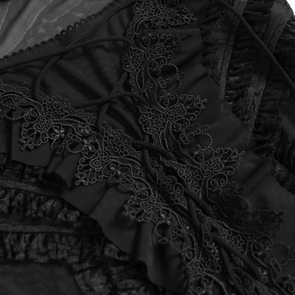 Sheer Off-Shoulder Ruffled Mesh Top with Bell Sleeves showcasing intricate lace and ruffled details.