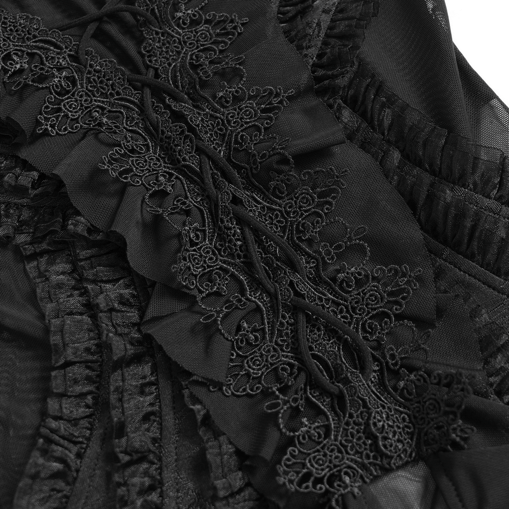 Sheer Off-Shoulder Ruffled Mesh Top with Bell Sleeves close-up showcasing intricate lace detailing and ruffled design.