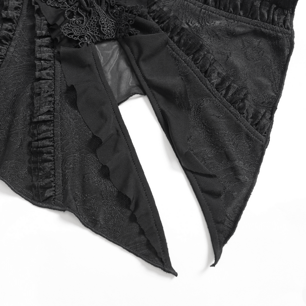 Sheer Off-Shoulder Ruffled Mesh Top with Bell Sleeves showcases intricate ruffles and a stunning lace-up back detail.