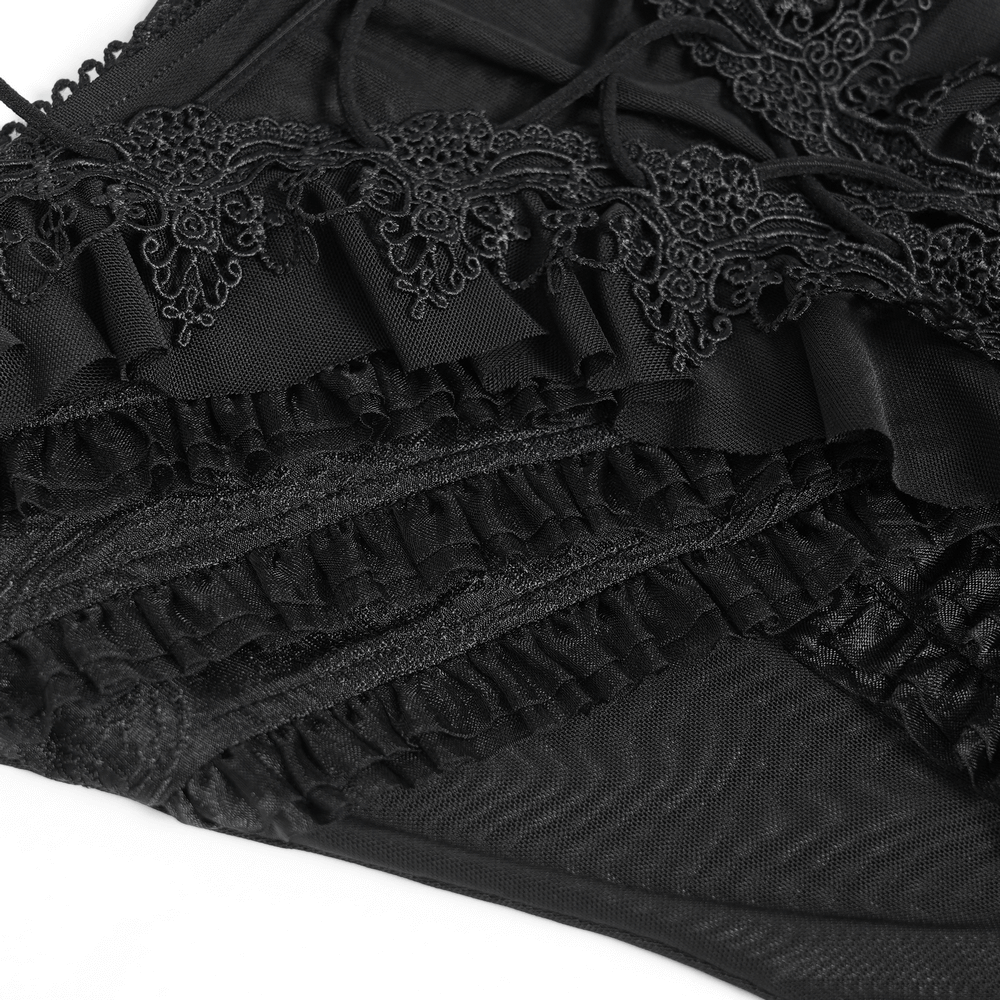 Sheer Off-Shoulder Ruffled Mesh Top with Bell Sleeves detailing featuring lace and ruffles in black mesh.