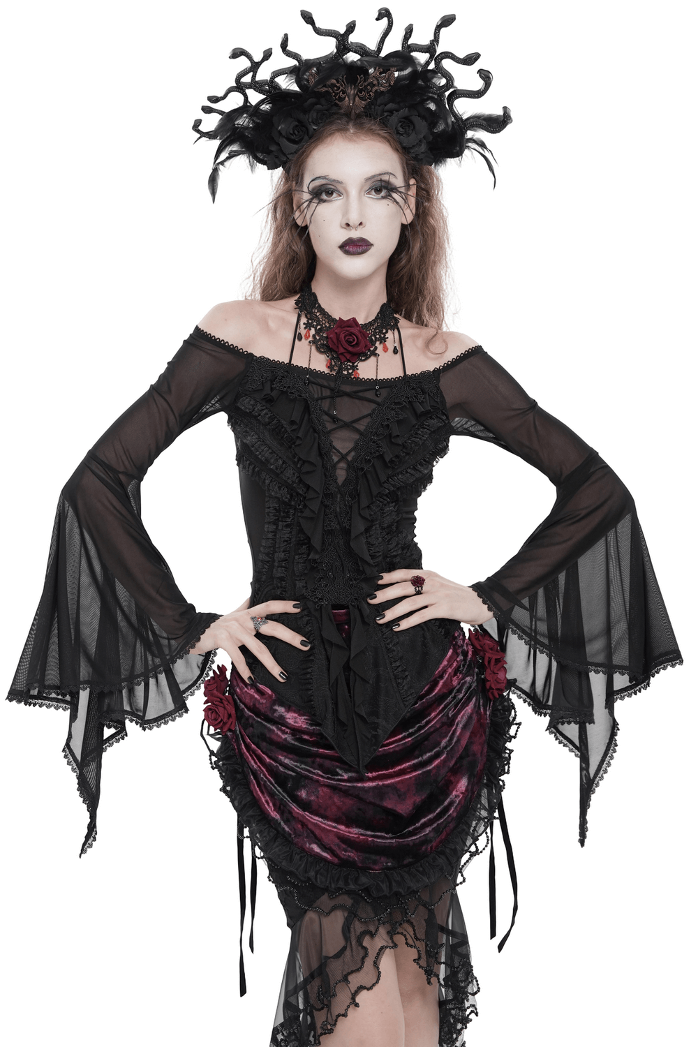 Sheer Off-Shoulder Ruffled Mesh Top with Bell Sleeves modeled by a stunning gothic fashionista in a dark setting.