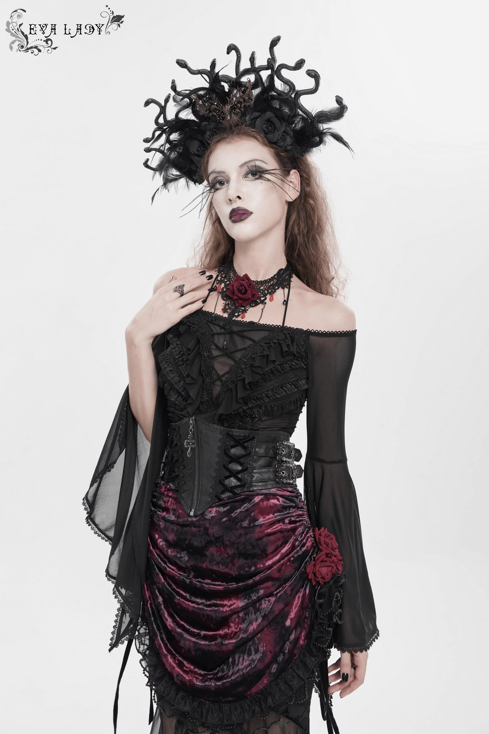 Sheer Off-Shoulder Ruffled Mesh Top with Bell Sleeves worn with gothic accessories and dramatic makeup.