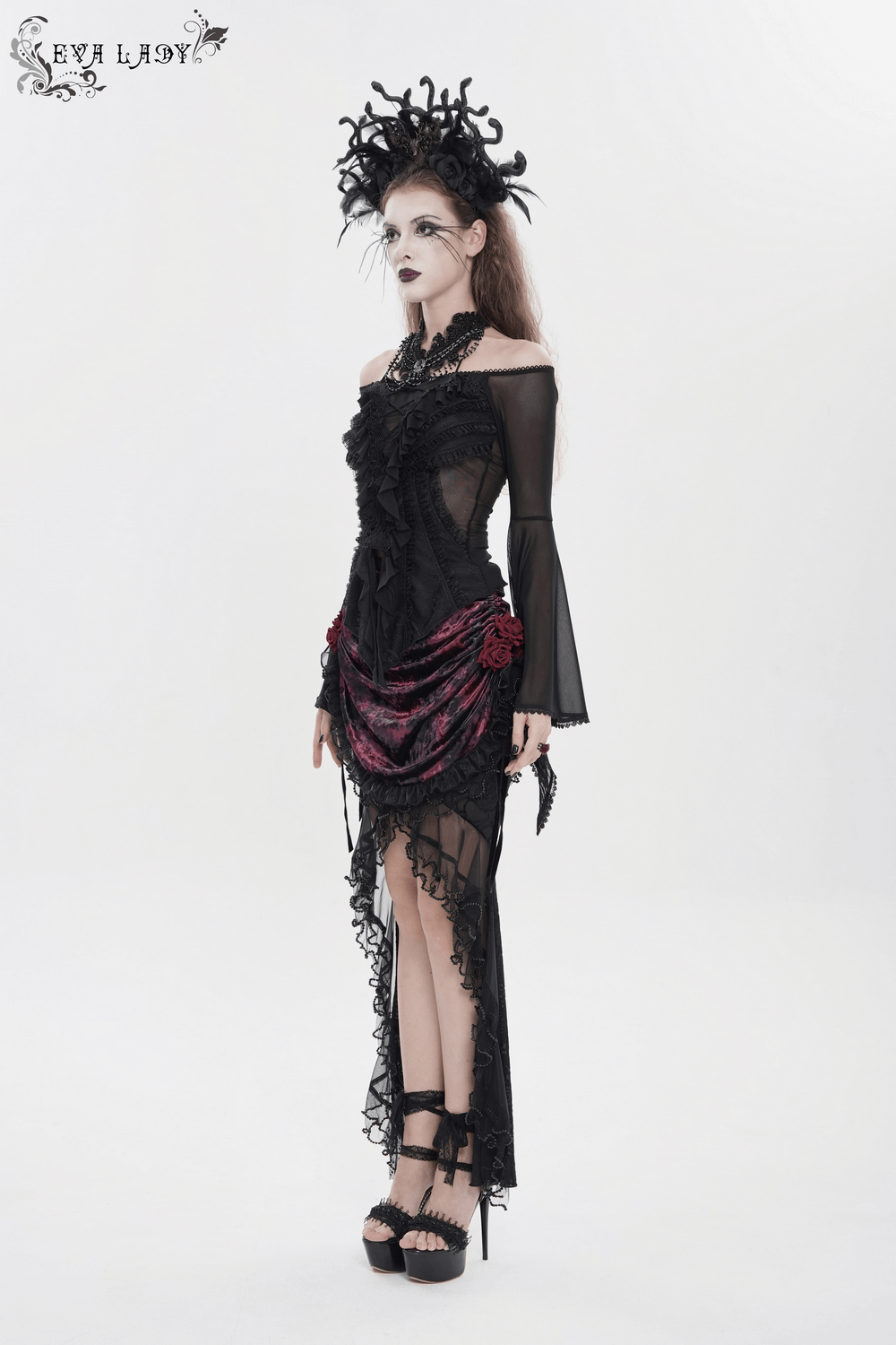 Sheer Off-Shoulder Ruffled Mesh Top with Bell Sleeves displayed elegantly on a model, showcasing gothic fashion details.