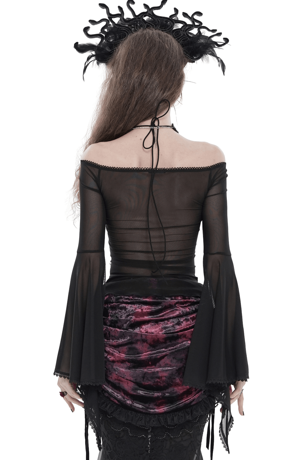 Sheer Off-Shoulder Ruffled Mesh Top with Bell Sleeves shown from the back, featuring lace-up detail and dramatic bell sleeves.