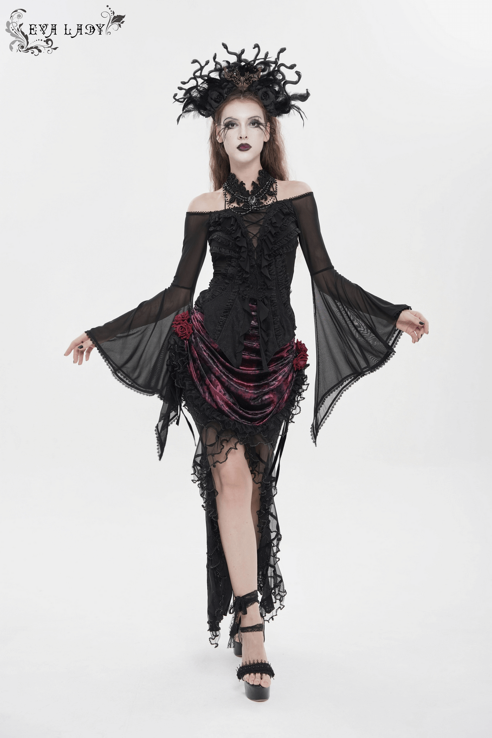 Sheer Off-Shoulder Ruffled Mesh Top with Bell Sleeves showcased on model with dramatic gothic styling.